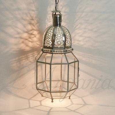 Antique Glass Lamp, can Hold a Bulb or Candle – Handcrafted with Silver in Morocco – Luxury for Outdoor garden and Indoor Lighting Decor