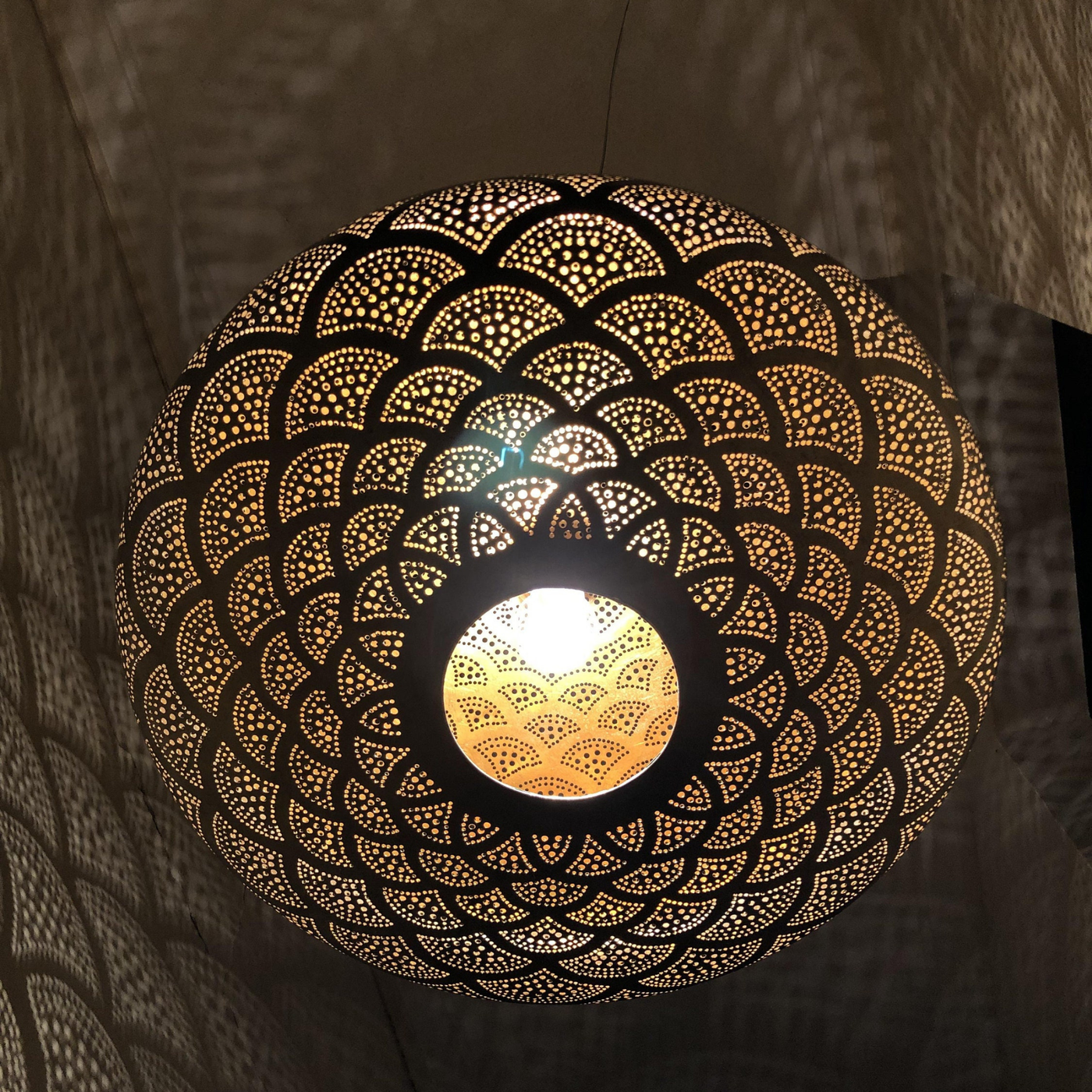 Iconic Sphere Ceiling Lamp – Gold, Silver, Black Brass Options – Hand Engraved with Moroccan Style – Luxury for Indoor Lighting