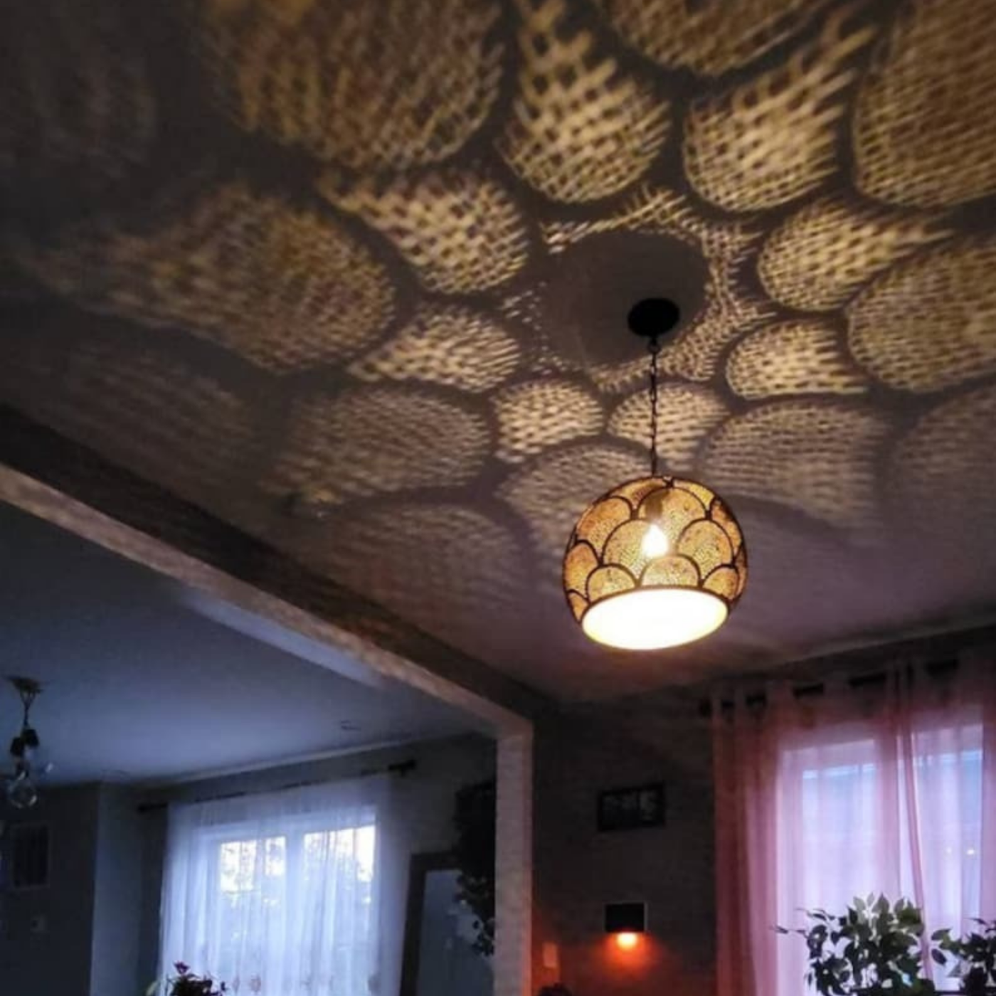 Luxury Brass Ceiling Lamp – Hand Engraved with Moroccan Style, Romantic Design – Perfect for Kitchen & Indoor Décor