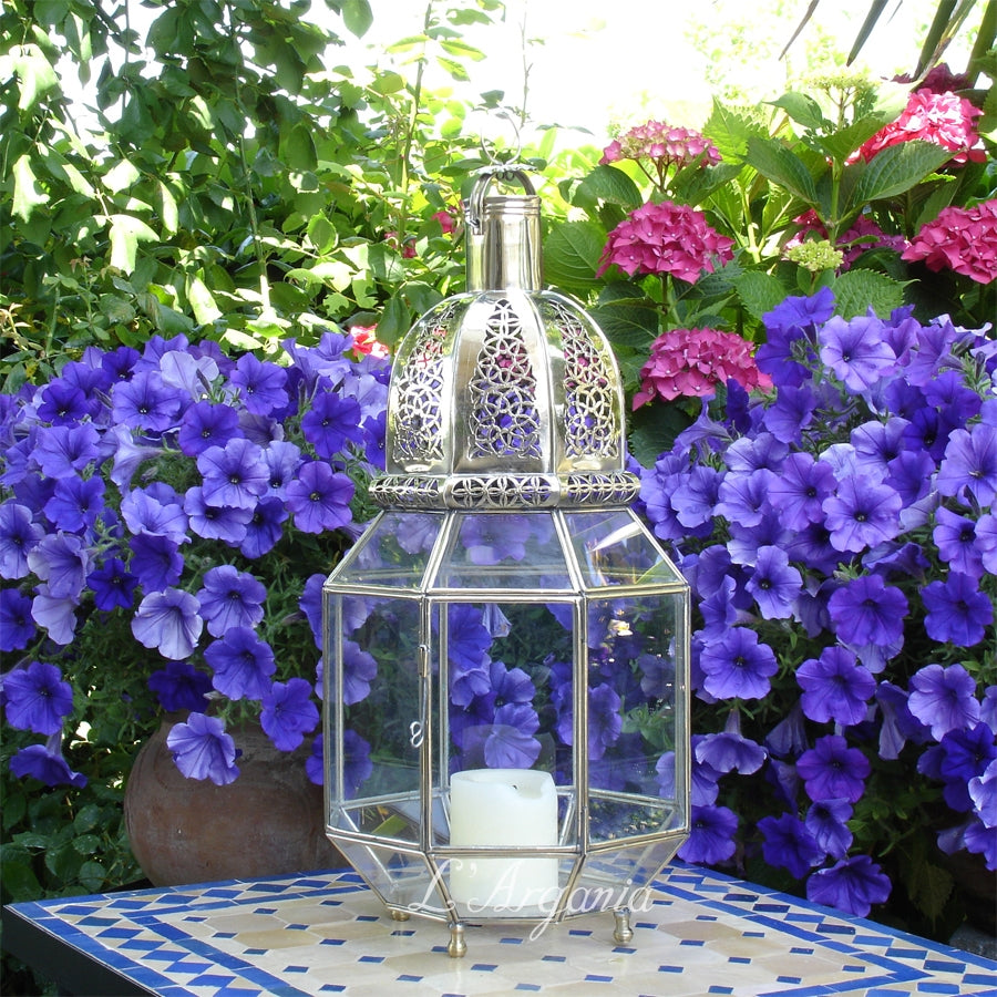 Antique Glass Lamp, can Hold a Bulb or Candle – Handcrafted with Silver in Morocco – Luxury for Outdoor garden and Indoor Lighting Decor